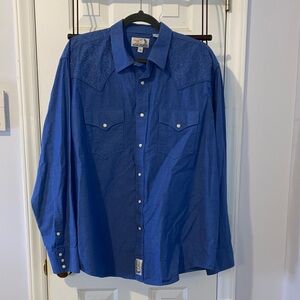 Panhandle Slim men’s western shirt with pearlescent snaps, blue, EUC